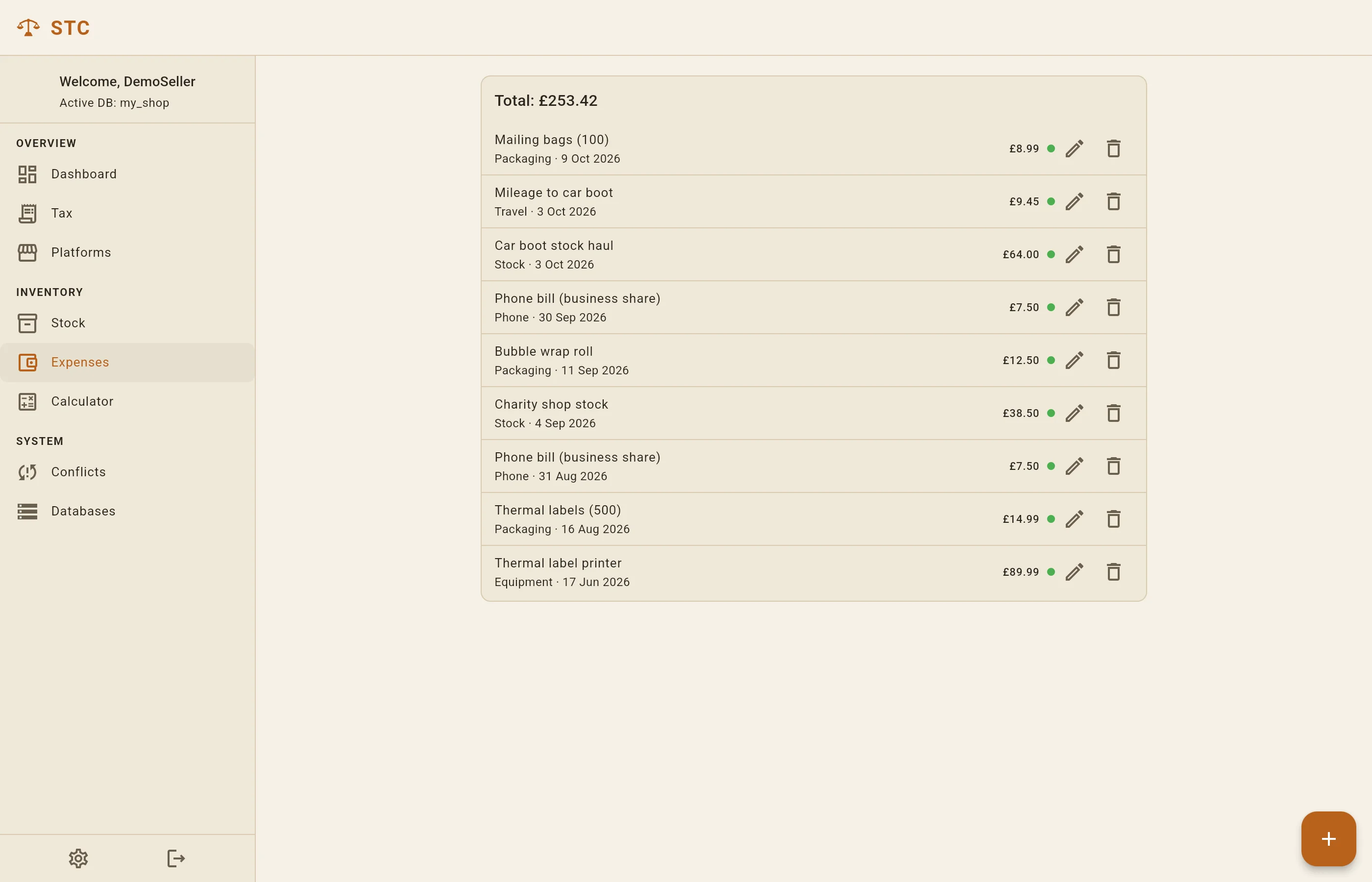 The expenses list with categories, dates and amounts