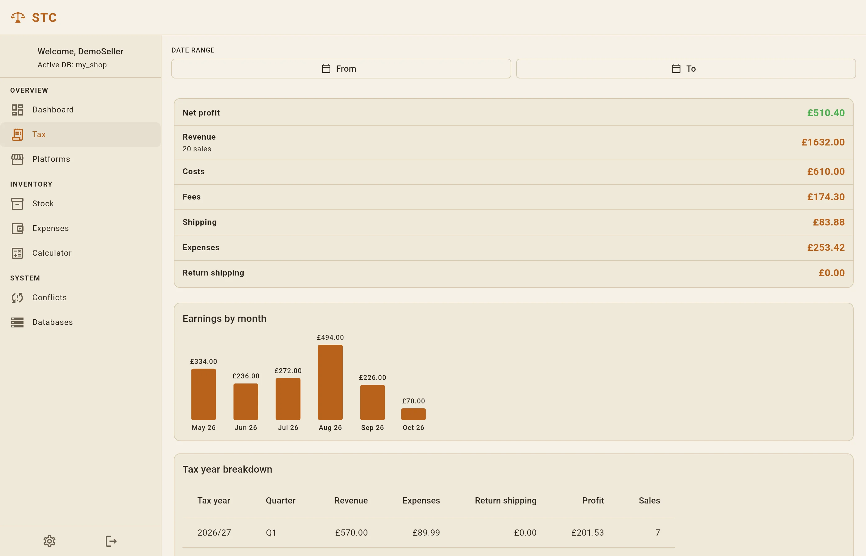 The tax screen with net profit, revenue, costs, fees, an earnings-by-month chart and a tax year breakdown